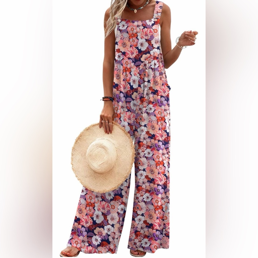 🆕Wide Leg Jumpsuits Summer Boho Floral Printed Baggy Rompers with Pockets